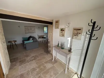 a living room with a couch and a table at Charmante maison Provençale avec grand jardin in LʼIsle-sur-la-Sorgue