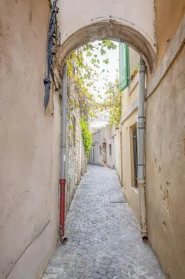 an alley way with an archway in an alley way at Ô Cocon Provençal in LʼIsle-sur-la-Sorgue