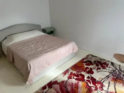 a bedroom with a bed and a rug on the floor at Le mazet in Pélissanne