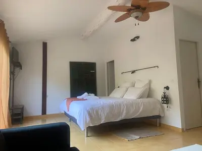 a bedroom with a bed and a ceiling fan at Studio Soléa - Studio 2 - 4 personnes - Domaine Astra, Grans in Grans