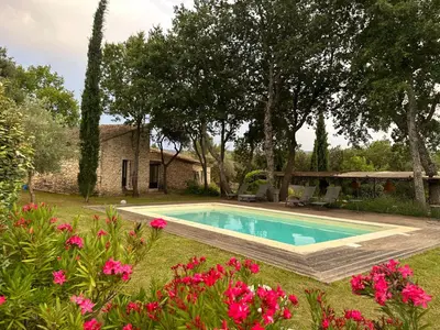 a swimming pool in a yard with pink flowers at Chambre dans bastide au milieu des vignes in Ménerbes