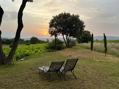 two chairs sitting in a field with the sunset in the background at Chambre dans bastide au milieu des vignes in Ménerbes