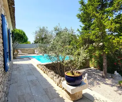 a swimming pool with a potted tree next to a house at 