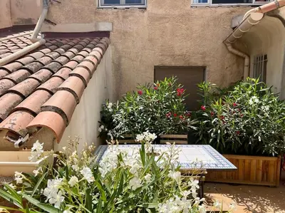 a building with a roof with flowers and plants at Terrasse à Aix en Provence centre historique in Aix-en-Provence