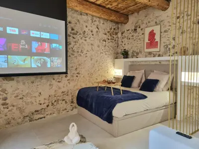 a bedroom with a bed and a tv on the wall at 25 rue Celony - Le Vendome - Jacuzzi - VideoProjecteur in Aix-en-Provence