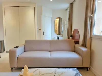a living room with a couch and a mirror at 25 rue Celony - Le Vendome - Jacuzzi - VideoProjecteur in Aix-en-Provence