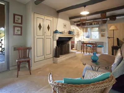 a living room with a fireplace and a table and chairs at Charming Cottage in Oppède amidst Vineyards in Maubec