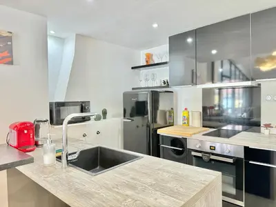 a kitchen with a sink and a stainless steel refrigerator at Appartement chic, hyper centre in Aix-en-Provence