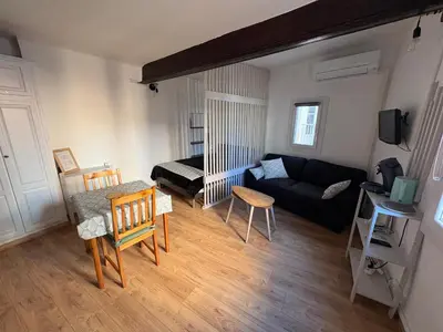 a living room with a couch and a table at Studio Cosy hyper centre Aix in Aix-en-Provence