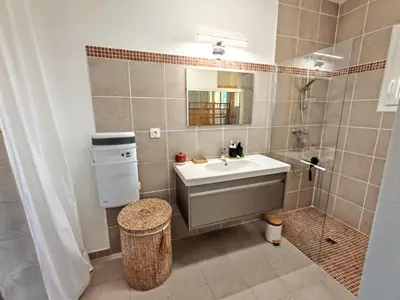 a bathroom with a sink and a shower at Les deux Oliviers in Roussillon