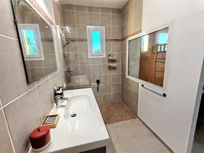 a bathroom with a sink and a shower at Les deux Oliviers in Roussillon