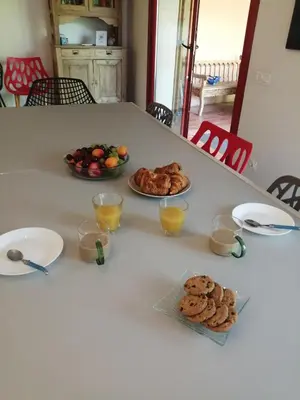 a table with two plates of food and two bowls of cookies at #Villa Théo# Grande villa avec piscine in Apt