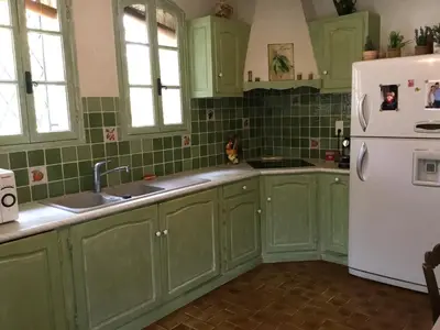 a kitchen with green cabinets and a white refrigerator at Maison avec piscine privative Taillades Luberon LS2-281 in Les Taillades