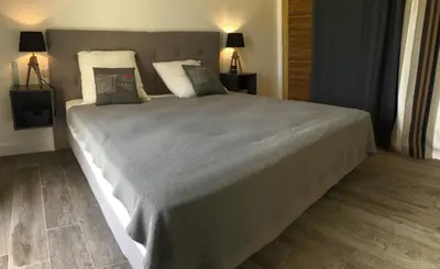 a bedroom with a large bed with two pillows at Villa avec piscine privative Saint Remy de Provence LS1-340 in Saint-Rémy-de-Provence