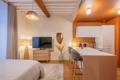 a bedroom with a bed and a kitchen with a sink at Appartement Belle Lettre 1 in Aix-en-Provence