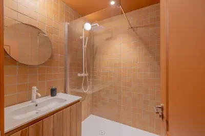 a bathroom with a shower and a sink and a mirror at Appartement Belle Lettre 1 in Aix-en-Provence