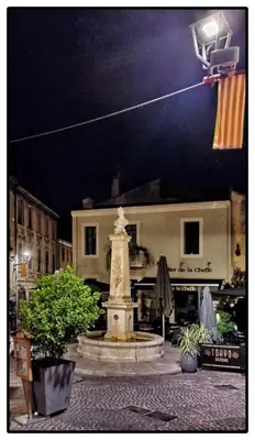 a fountain in front of a building at night at Le Nid plein centre in Salon-de-Provence