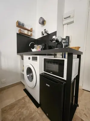 a kitchen with a washing machine under a counter at Le Studio des Fontêtes Climatisé in Aix-en-Provence