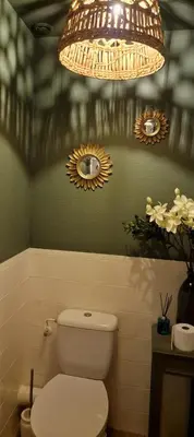 a bathroom with a toilet and a chandelier at Appartement Cosy Hyper Centre Climatisé - Rue Bédarrides in Aix-en-Provence