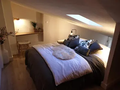 a bedroom with a large bed with a skylight at Joli Appart Climatisé Hyper Calme Quartier Mairie in Aix-en-Provence