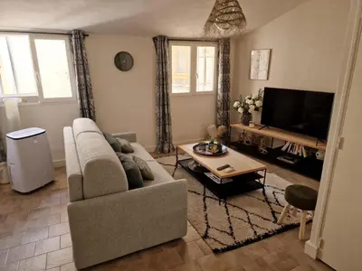 a living room with a couch and a tv at Joli Appart Climatisé Hyper Calme Quartier Mairie in Aix-en-Provence
