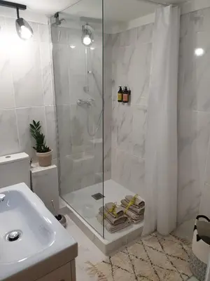 a white bathroom with a shower and a sink at Joli Appart Climatisé Hyper Calme Quartier Mairie in Aix-en-Provence