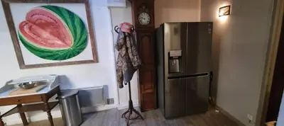 a kitchen with a refrigerator and a painting of a watermelon at Appartement centre ville Hôtel Particulier in Carpentras