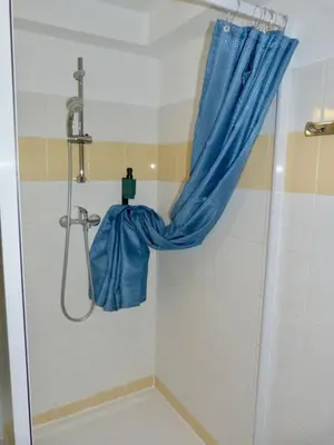 a shower with a blue curtain in a bathroom at Le Clos d'Aix studio 105 parking in Aix-en-Provence