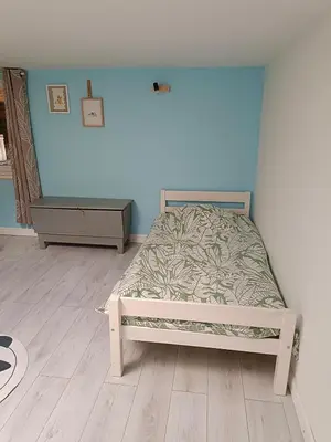 a bedroom with a bed and a blue wall at Gîte à la ferme in Sénas