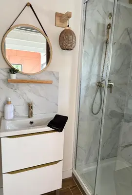 a bathroom with a sink and a shower at La maisonnette de Tom in Caumont-sur-Durance