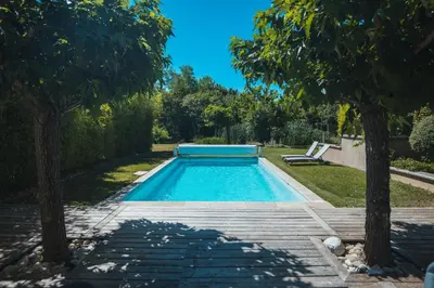 a swimming pool in a yard with two trees at L'ancien poulailler- The Old Hen House in Saint-Saturnin-les-Apt