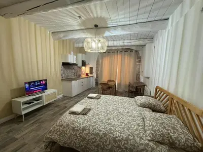 a bedroom with a bed and a television in it at Studio centre de Charleval in Charleval