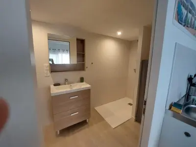 a bathroom with a sink and a mirror at Studio 25m2 in LʼIsle-sur-la-Sorgue