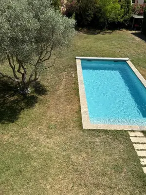 a swimming pool in a yard with a tree at Studio en Provence avec piscine in La Barben