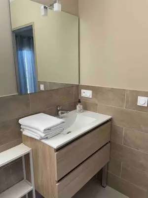 a bathroom with a sink and a large mirror at Petite maison au calme avec piscine privative in Saint-Rémy-de-Provence
