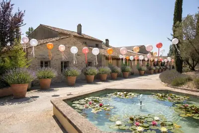 a courtyard with a pond with flowers and balloons at Domaine de la Myrtille in Pertuis