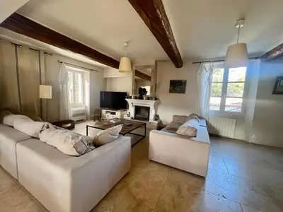 a living room with two couches and a fireplace at Très beau mas à Bonnieux in Bonnieux