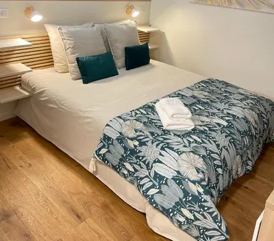 a bedroom with a large bed with a black and white blanket at Studio cosy en Provence avec parking Le Monaco in Aix-en-Provence
