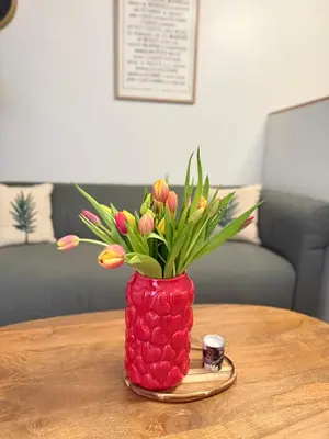 a red vase with flowers on a table at Studio cosy en Provence avec parking Le Monaco in Aix-en-Provence