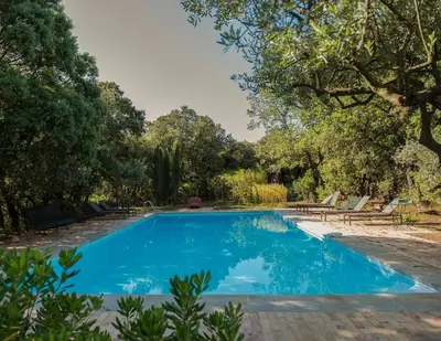 a swimming pool in a yard with trees at Mas exceptionnel à Lagnes, Provence in Lagnes