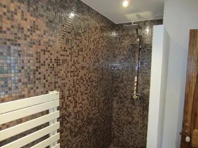 a bathroom with a shower with brown tiled walls at Gîte Les Alpilles in Eygalières