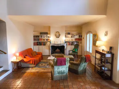a living room with a couch and chairs and a fireplace at Maison Robert in La Tour-dʼAigues