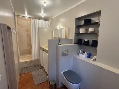 a bathroom with a toilet and a walk in shower at Ecrin au cœur d'Aix-Vue sur la Place de la Mairie in Aix-en-Provence