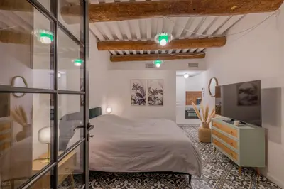 a bedroom with a bed and a glass wall at Appartement Belle Lettre 2 in Aix-en-Provence