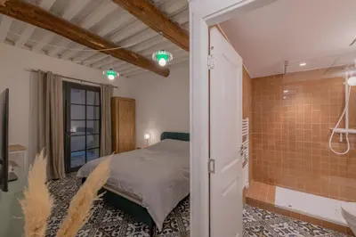 a bedroom with a bed and a walk in shower at Appartement Belle Lettre 2 in Aix-en-Provence