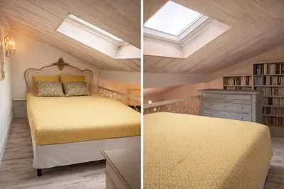 two pictures of a bedroom with a bed and a window at Le Coeur de L'Isle, Cosy, Hypercentre, Clim, Wifi, TV, Netflix in LʼIsle-sur-la-Sorgue