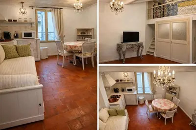 two pictures of a living room and a dining room at Le Coeur de L'Isle, Cosy, Hypercentre, Clim, Wifi, TV, Netflix in LʼIsle-sur-la-Sorgue