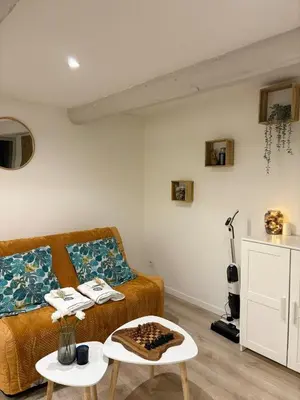 a living room with a couch and a table at Studio de Charme, Plein centre in LʼIsle-sur-la-Sorgue