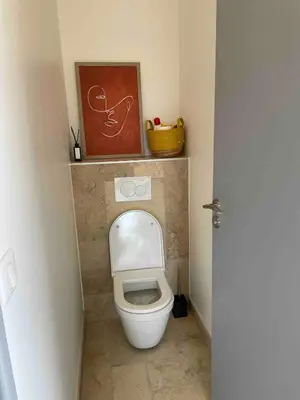 a small bathroom with a toilet and a painting at Duplex indépendant avec clim et parking St Donat in Aix-en-Provence