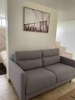 a couch in a living room with a picture on the wall at Duplex indépendant avec clim et parking St Donat in Aix-en-Provence